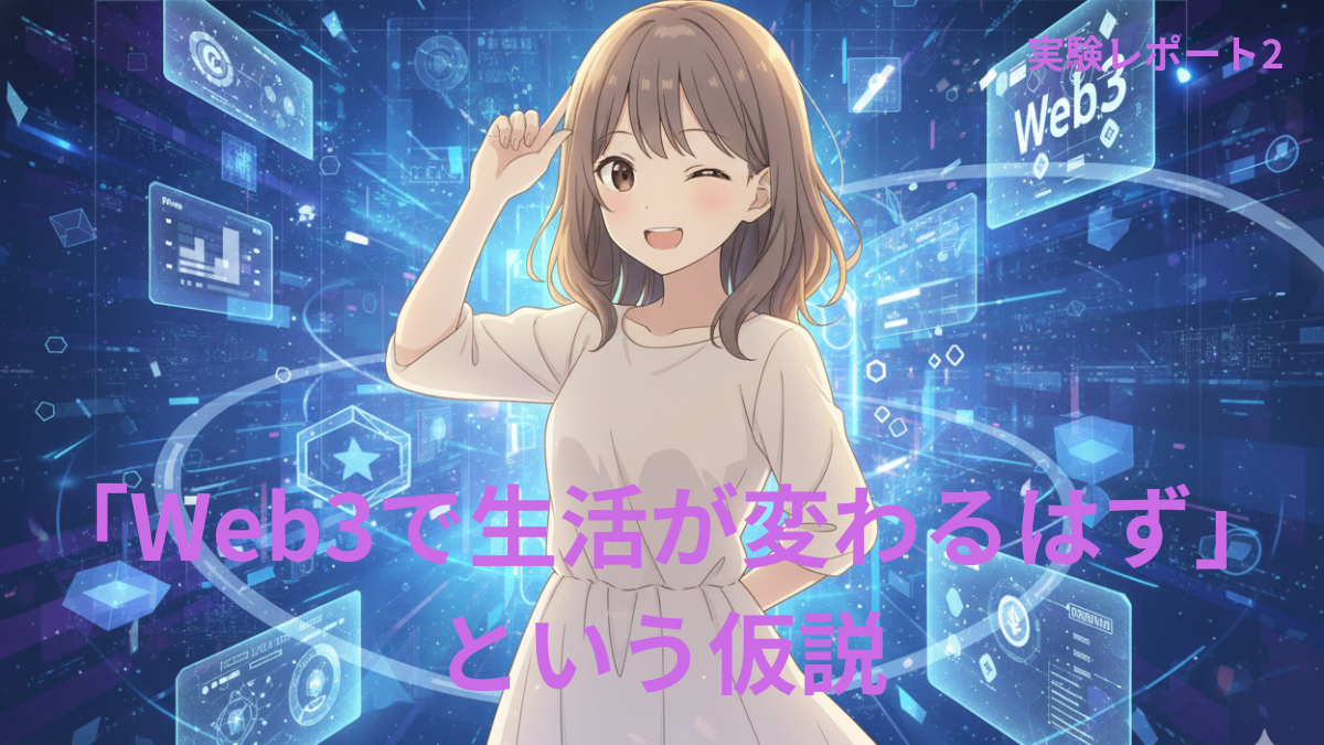 Web3のデジタル空間を背景に、白いワンピースの女の子がウィンクしている。タイトルは『Web3で生活が変わるはずという仮説』