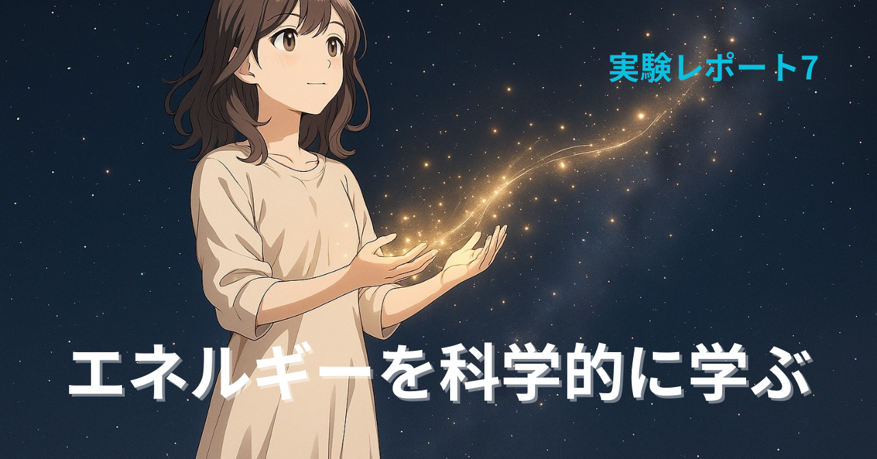 夜空の下で立つ女の子が両手を前に差し出し、金色のエネルギーの光を集めている。背景には星々が輝き、未来や可能性を感じさせる幻想的な雰囲気のイラスト