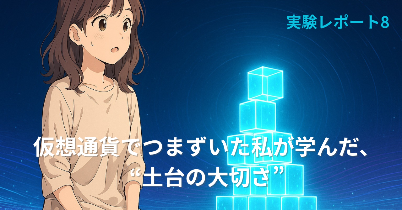 光るホログラムのキューブを見つめる女の子。実験レポート8「仮想通貨でつまずいた私が学んだ、“土台の大切さ”」のヘッダー画像。