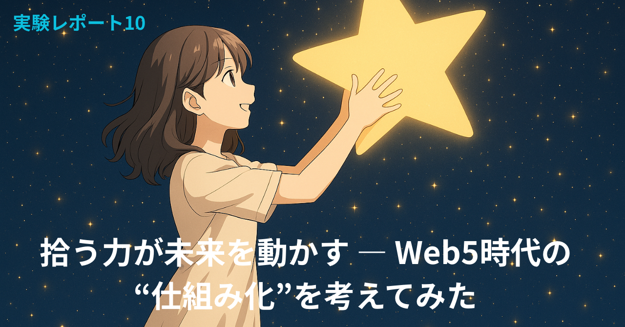 夜空の中で大きな星に手を伸ばす女の子。やさしい光が周囲に広がり、希望や未来を感じさせる幻想的なイラスト。「拾う力が未来を動かす ― Web5時代の“仕組み化”を考えてみた」という文字入り。