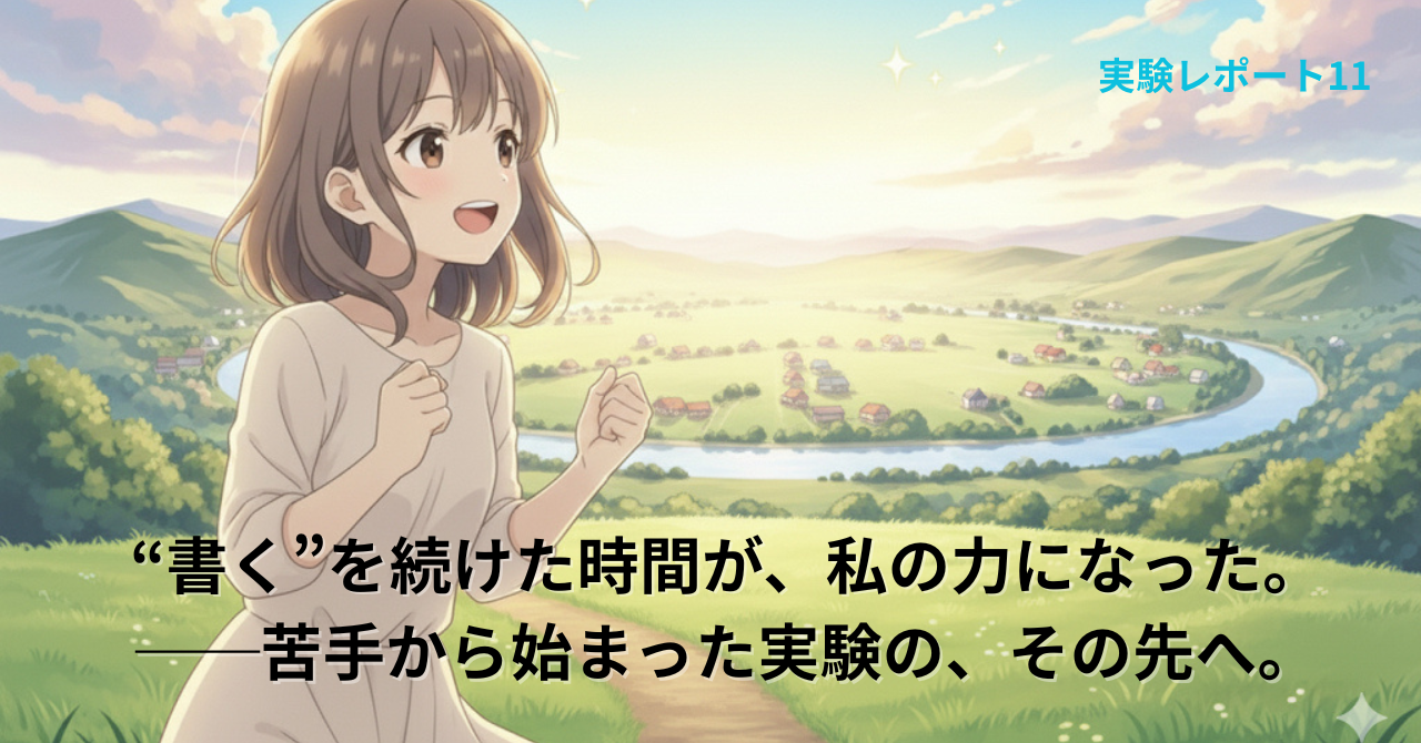 穏やかな夕陽の下、丘の上で微笑む女の子。 前方には川と小さな町が広がり、光に包まれた景色が達成感を感じさせる。 テキストには「“書く”を続けた時間が、私の力になった。——苦手から始まった実験の、その先へ。」と書かれている。 静かな希望と前進をテーマにした実験レポート11の見出し画像。