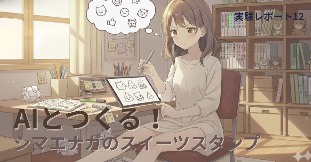 タブレットでイラストを描く女性。頭の中には猫やスマイルなどのアイコンが浮かび、机の上にはスケッチや色鉛筆が並んでいる。 「AIとつくる！シマエナガのスイーツスタンプ」という文字と「実験レポート12」のタイトル入りの見出し画像。