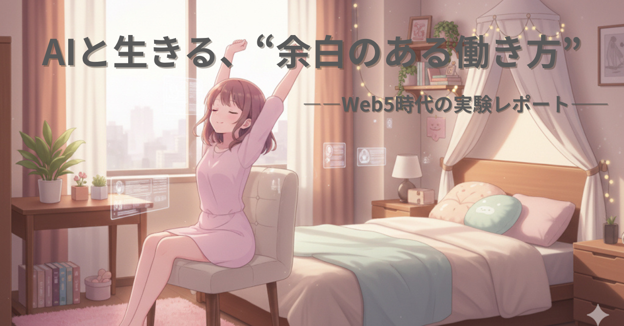 朝の光の中、ピンクのワンピースを着た女性が伸びをしている。 デジタル情報が浮かぶ窓辺の部屋で、 「AIと生きる、余白のある働き方」というタイトルが映える。 Web5時代の穏やかな暮らしを象徴するイラスト。