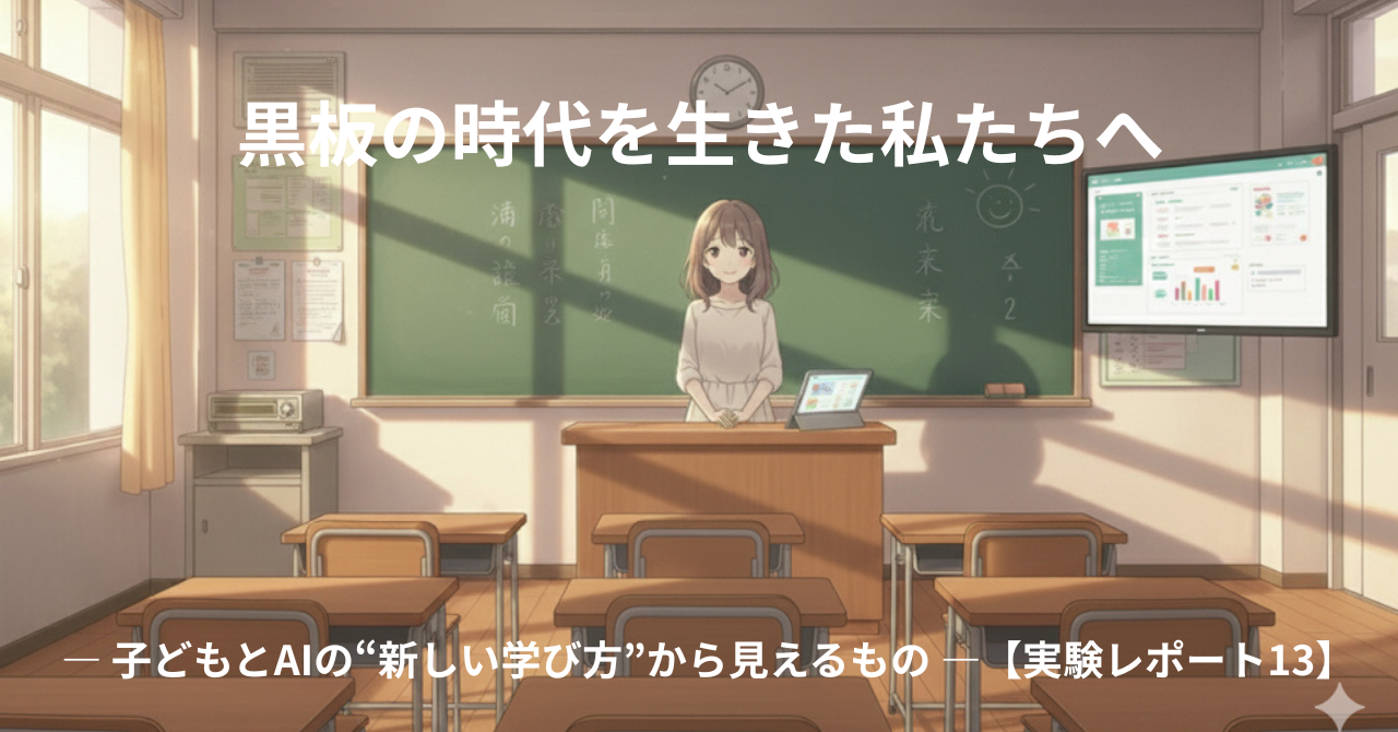 黒板の前に立つ女の子と、右側のモニターが並ぶ教室。 「黒板の時代を生きた私たちへ」というタイトル入りのイラスト。
